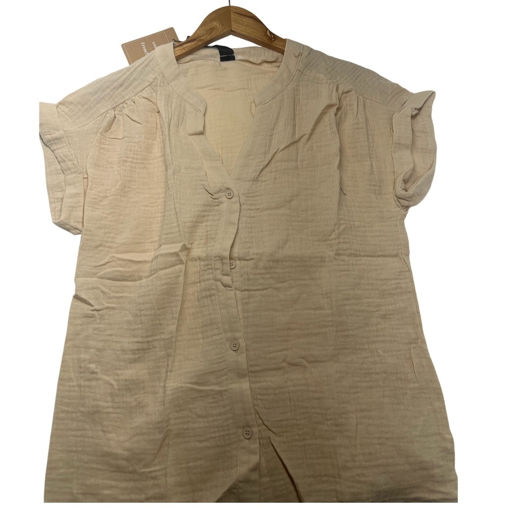 SHEIN Women's Button Down Short Sleeve Top Blouse Shirt‎ Size M Beige Casual